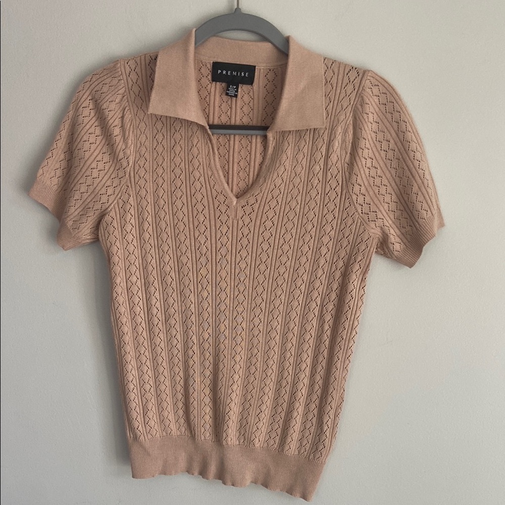 Premise Beige Loose Knit V-Neck Short Sleeve Sweater  Top Small